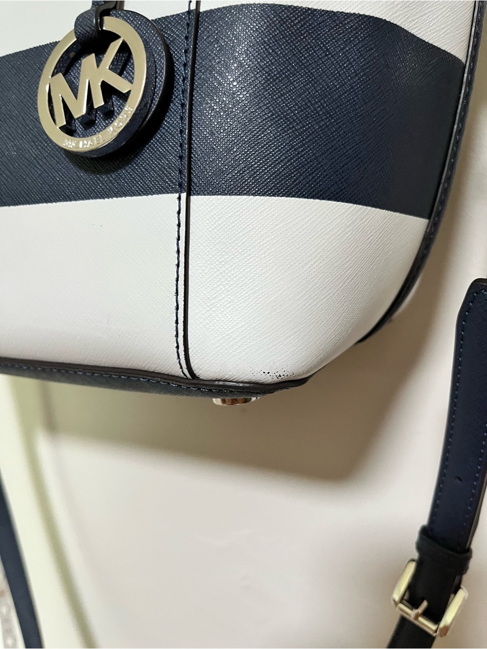 Michael Kors Black and White Striped Leather Tote with MK Charm - Picture 8 of 17